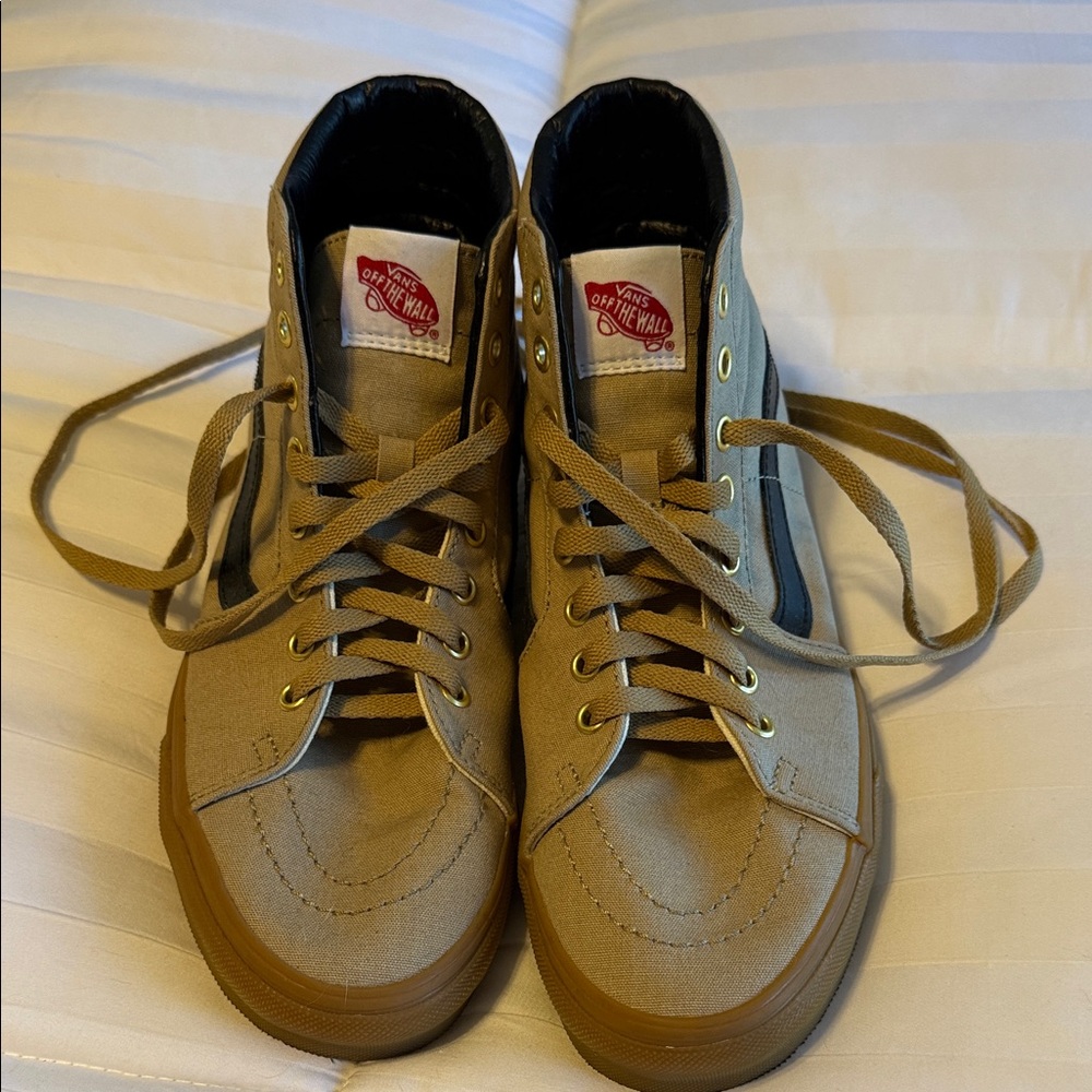 Vans Men High-Top Canvas Sneakers in Tan and Black